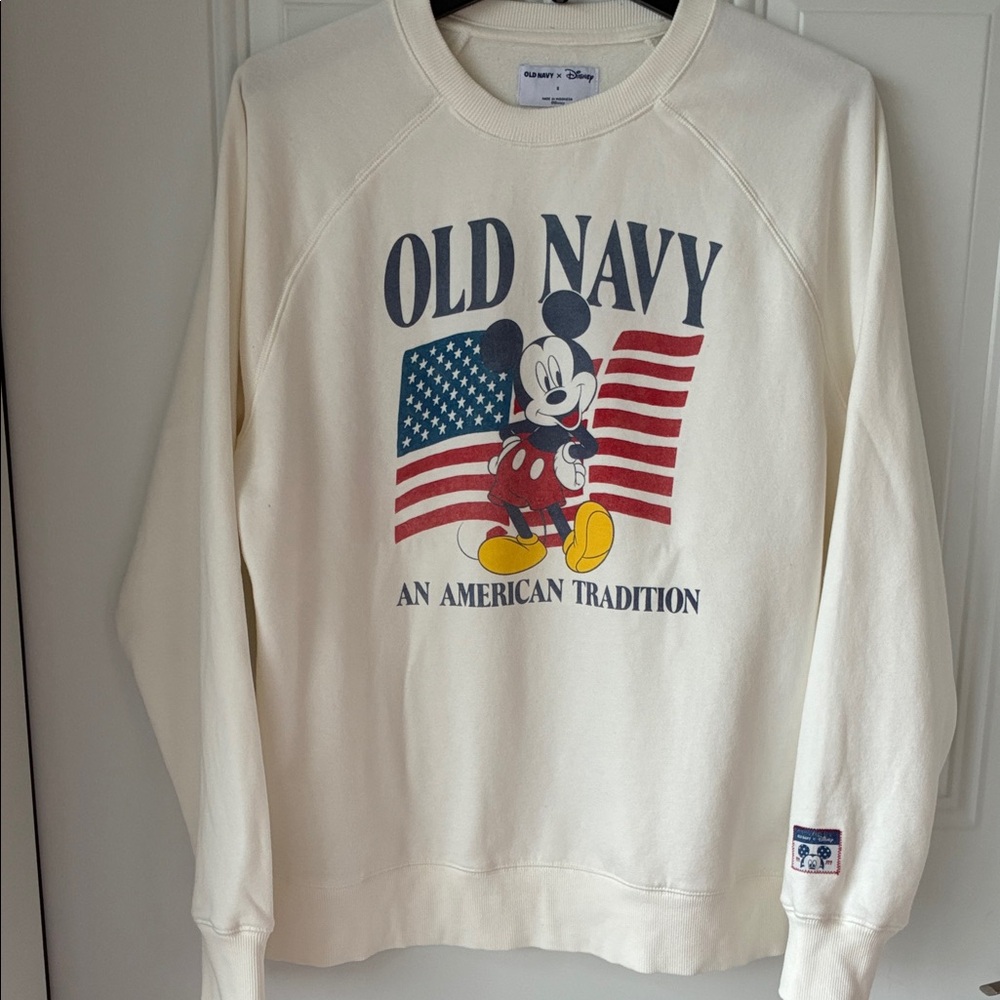 Old Navy Cream Mickey Mouse Crewneck with American Flag Graphic